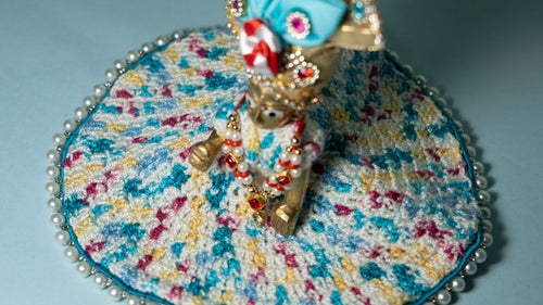 Front view of handcrafted crochet Poshak for Laddu Gopal with Pagadi and accessories